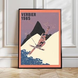 Verbier ski mountain 1985 vintage 80s ski poster. Home decoration, living room, gift for sports enthusiasts.