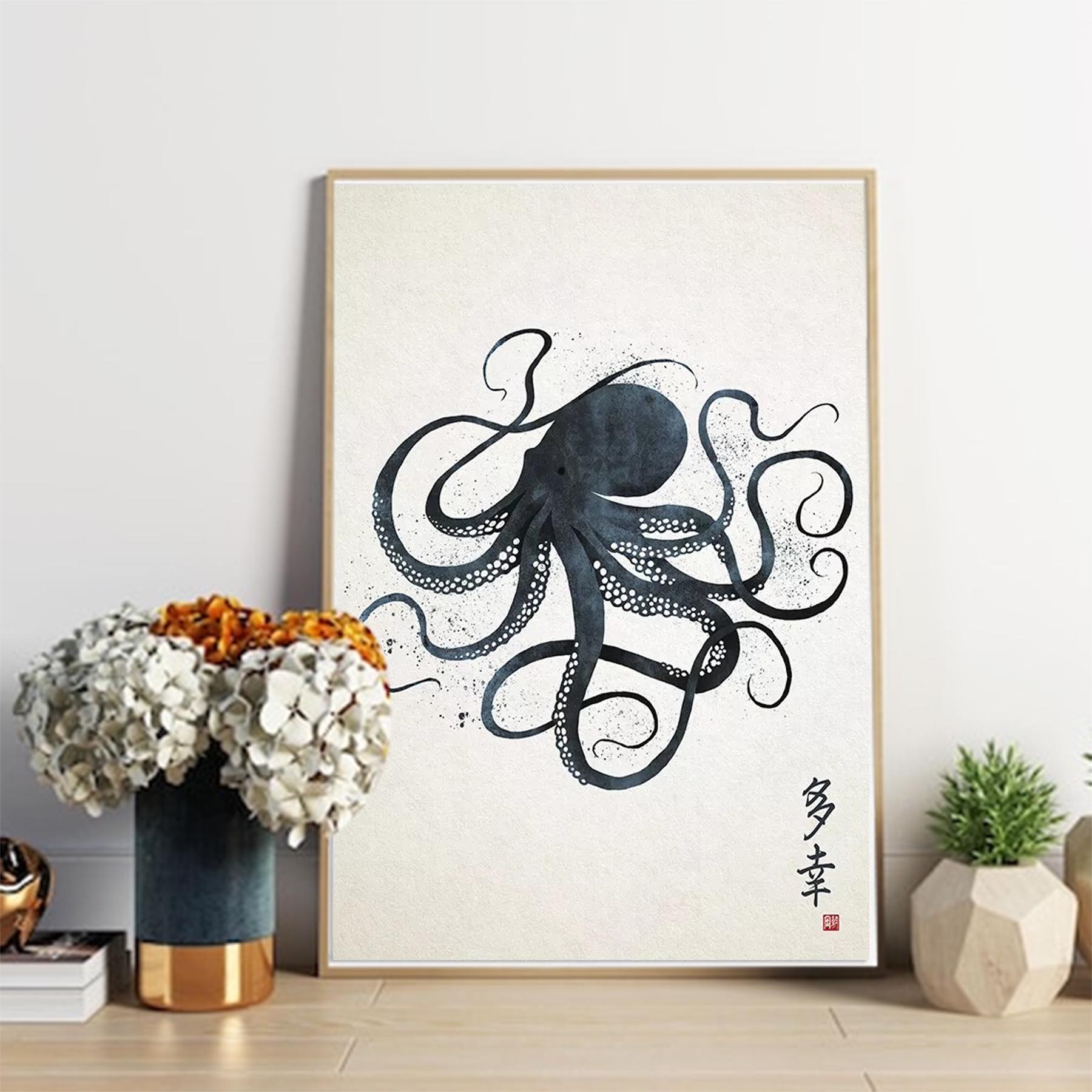 Japanese Octopus Calligraphy Wall Art Print Poster Gyotaku Tattoo - Etsy