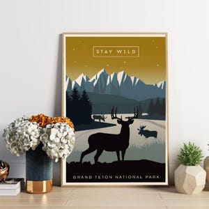 Parco nazionale Grand Teton, Wyoming, sagome di animali, giallo e blu, poster di cartelli e cartoline in legno