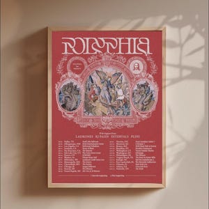 May include: A rectangular concert poster with a red background featuring the text POLYPHIA at the top. The design includes intricate white line art of angels and mythical creatures, with a list of tour dates and venues printed in white below.