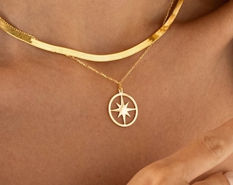 14K Solid Gold North Star Necklace, Starburst Necklace | Celestial Necklace, North Star Pendant | Dainty Star Necklace, Gold Star Jewelry