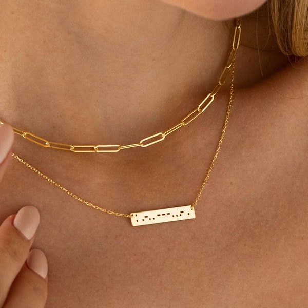 14K Gold Morse Code Necklace, Personalized Morse Code Jewelry | Secret Message BFF Necklace, Custom Engraved Necklace | Meaningful Necklace