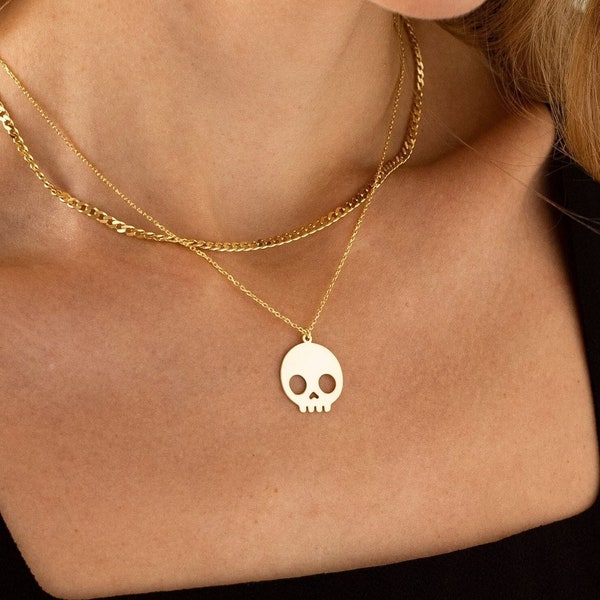 14K Solid Gold Skull Necklace, Halloween Necklace | Gothic Necklace, Goth Necklace | Skull Charm, Gold Skull Jewelry, Cute Skull Necklace