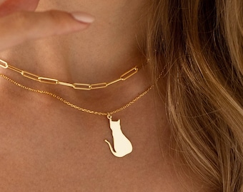 14K Solid Gold Cat Necklace, Cat Lover Gift | Cat Jewelry, Cat Pendant | 14K Gold Pet Necklace, Cat Charm, Cat Loss Gift, Pet Loss Gifts Cat