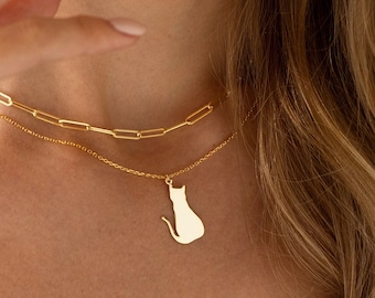 14K Solid Gold Katze Anhänger - Zierliche Gold Katze Halskette Charm, Luxus Schmuck Geschenk Für Elegante Katzenliebhaber