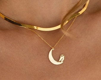 Moon and Owl Necklace, 925 Silver Moon Necklace | Gold Owl Necklace, Owl Pendant | Crescent Moon Necklace, Celestial Necklace, Moon Pendant