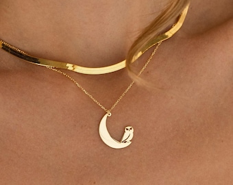 Moon and Owl Necklace, 14K Solid Gold Moon Necklace | Owl Necklace, Owl Pendant | Crescent Moon Necklace, Celestial Necklace, Moon Pendant