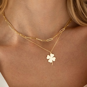 14K Solid Gold Clover Necklace, Four Leaf Clover | Gold Leaf Necklace, Clover Charm | Good Luck Charm, Everyday Necklace, Good Luck Necklace