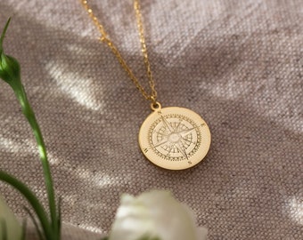 14K Solid Gold Compass Necklace, Compass Jewelry | Graduation Compass Gift, College Graduation Necklace | Travel Necklace, Journey Necklace