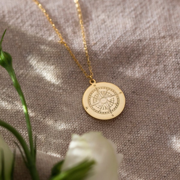 14K Solid Gold Compass Necklace, Compass Jewelry | Graduation Compass Gift, College Graduation Necklace | Travel Necklace, Journey Necklace