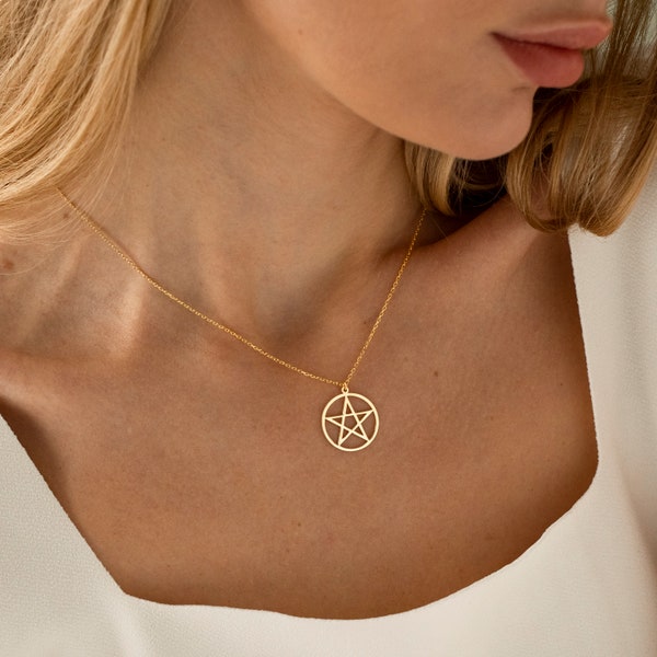 14K Solid Gold Star Necklace, Pentagram Necklace | Pentacle Necklace, Pagan Jewelry | Celestial Necklace, Wiccan Jewelry | Witchy Necklace