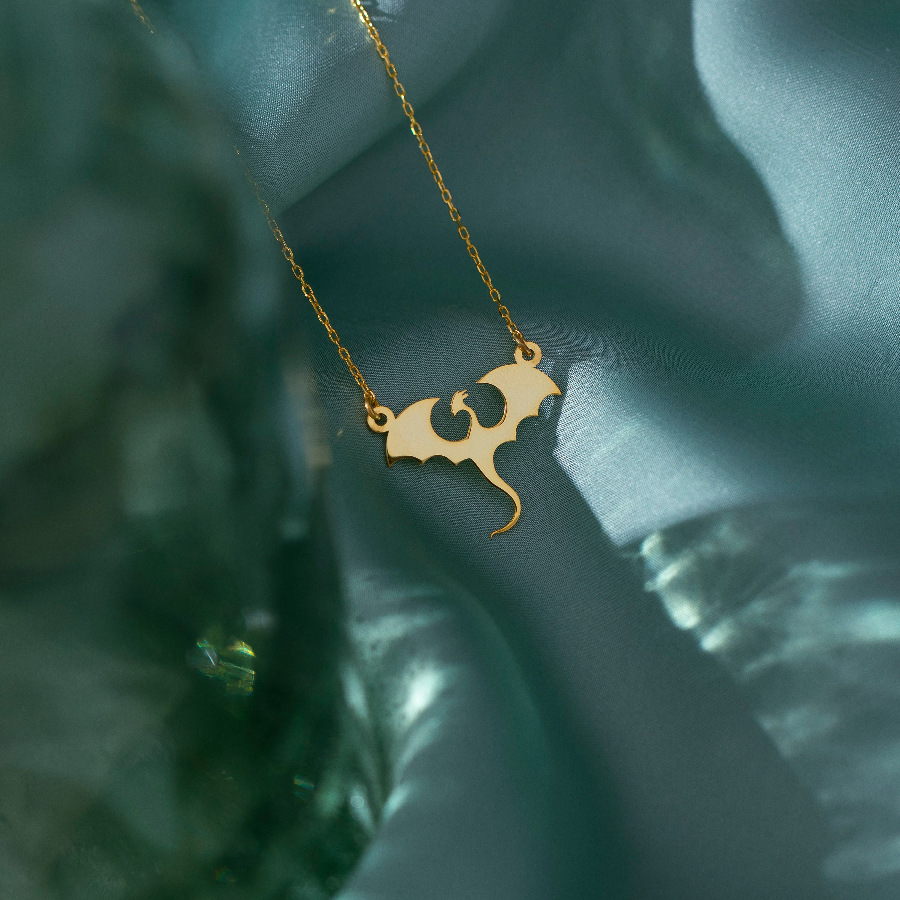 14K Gold Dragon Necklace, Fantasy Necklace | Dragon Jewelry, Gold Dragon Pendant | Goth Necklace, Medieval Jewelry, Everyday Necklace Gold