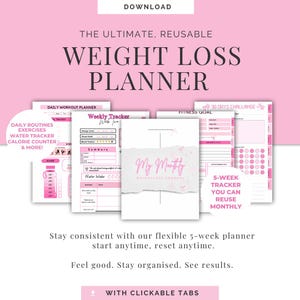 Könnte beinhalten: Ein rosa-weißer Gewichtsverlustplaner mit dem Text "WEIGHT LOSS PLANNER" und "THE ULTIMATE, REUSABLE". Der Planer enthält Abschnitte für tägliche Routinen, wöchentliche Tracker und Fitnessziele. Der Text "5-WEEK TRACKER YOU CAN REUSE MONTHLY" ist ebenfalls sichtbar.