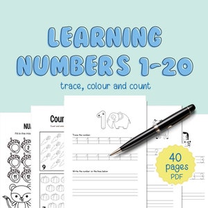 Number Tracing Worksheet 1-20, Printable Handwriting Practice, Number Writing, Preschool, Kindergarten, Homeschool learning numbers