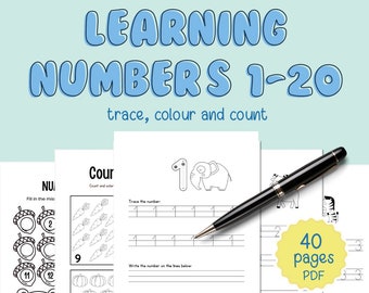 Number Tracing Worksheet 1-20, Printable Handwriting Practice, Number Writing, Preschool, Kindergarten, Homeschool learning numbers