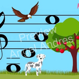 May include: A treble clef, three musical notes, a brown eagle flying, a spotted dog, and a green tree with red apples on a blue background.
