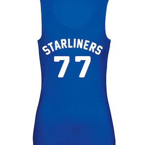 May include: A royal blue sleeveless tank top with the text "Starliners 77" in white.