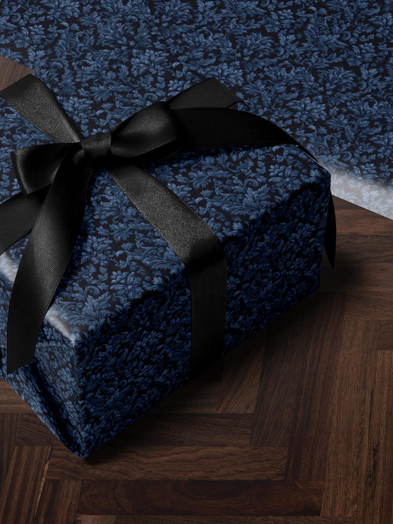Blue Flower Gift Wrap Dark Blue Floral Damask Design Flower Wrapping Paper Botanical Gift Wrap for Her Wrapping Paper Wedding Gift Idea