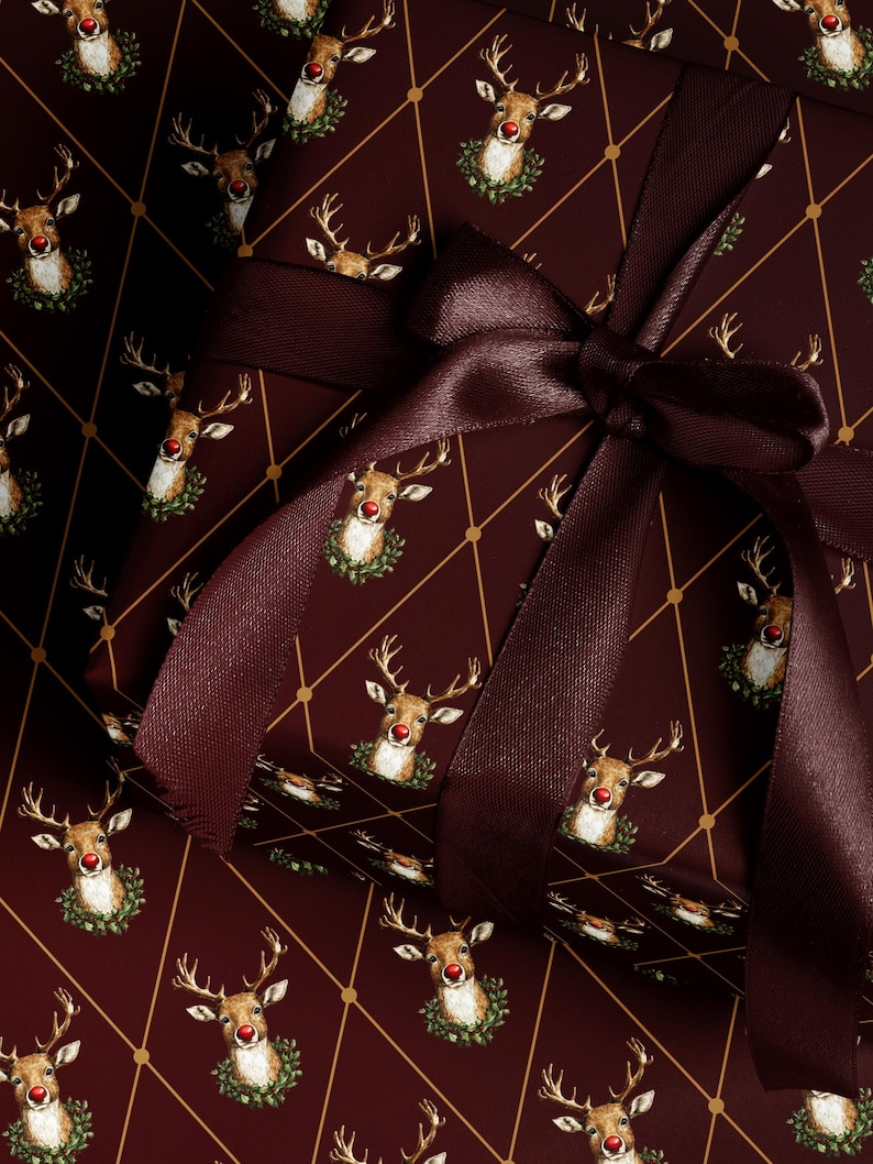 Holiday Reindeer Gift Wrap Christmas Present Gift Wrap Festive Decor Christmas Wrapping Paper Roll Deer Design Holiday Decor Christmas Paper
