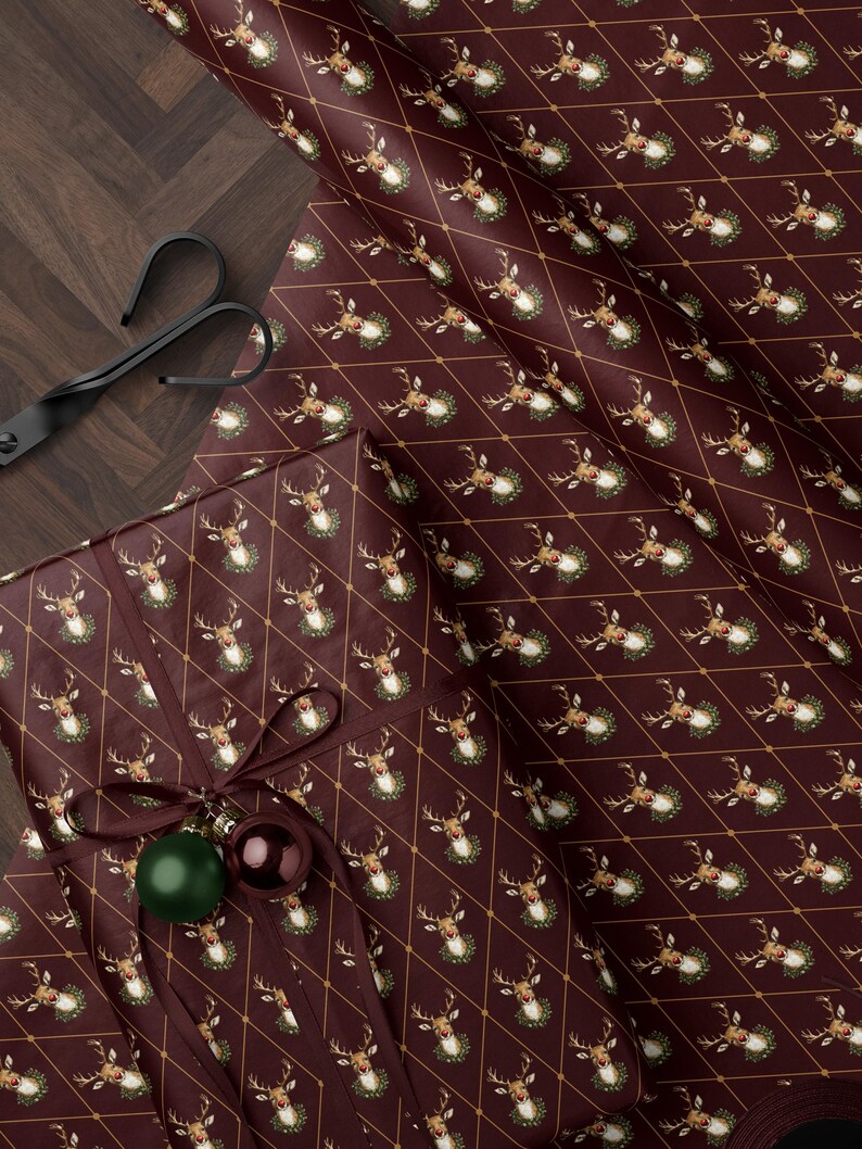 Holiday Reindeer Gift Wrap Christmas Present Gift Wrap Festive Decor Christmas Wrapping Paper Roll Deer Design Holiday Decor Christmas Paper