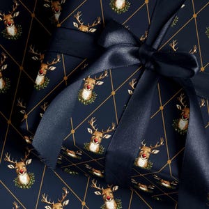 Festive Reindeer Wrapping Paper Christmas Gift Wrap Red Nose Reindeer Decor Holiday Wrapping Paper Elegant Christmas Decor Blue Gift Wrap