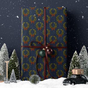 Christmas Wreath Wrapping Paper Christmas Present Moody Christmas Print Blue Holiday Gift Wrap Festive Decor Premium Paper Elegant Gift Wrap