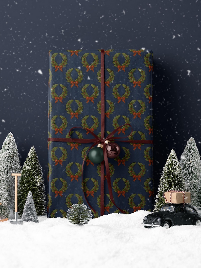 Christmas Wreath Wrapping Paper Christmas Present Moody Christmas Print Blue Holiday Gift Wrap Festive Decor Premium Paper Elegant Gift Wrap