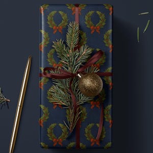 Christmas Wreath Wrapping Paper Christmas Present Moody Christmas Print Blue Holiday Gift Wrap Festive Decor Premium Paper Elegant Gift Wrap