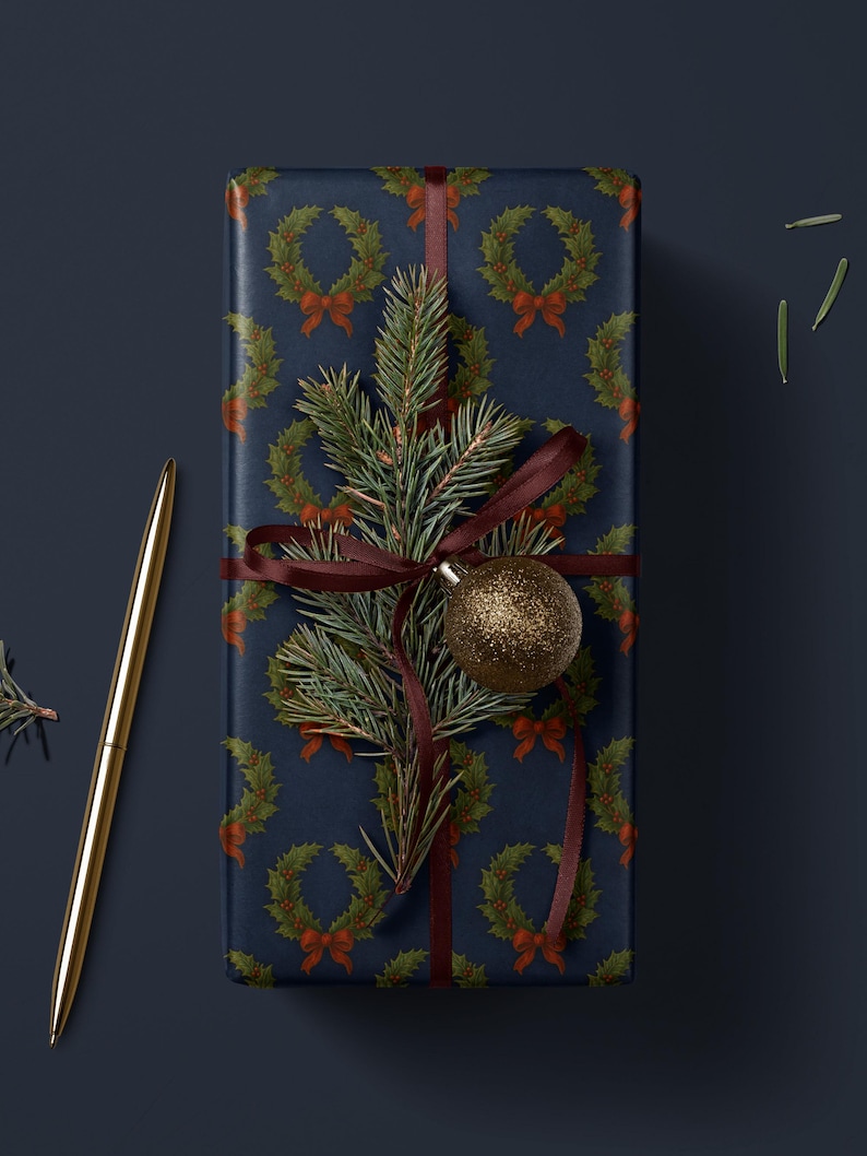 Christmas Wreath Wrapping Paper Christmas Present Moody Christmas Print Blue Holiday Gift Wrap Festive Decor Premium Paper Elegant Gift Wrap