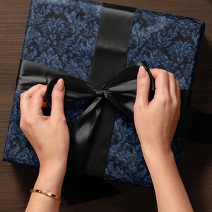 Blue Flower Gift Wrap Dark Blue Floral Damask Design Flower Wrapping Paper Botanical Gift Wrap for Her Wrapping Paper Wedding Gift Idea
