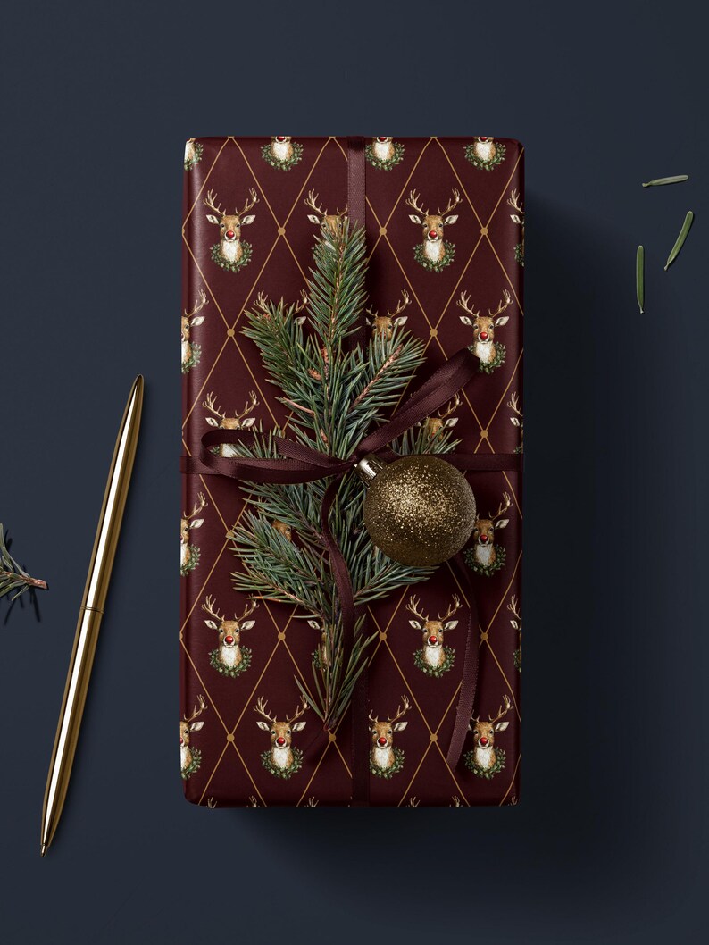 Holiday Reindeer Gift Wrap Christmas Present Gift Wrap Festive Decor Christmas Wrapping Paper Roll Deer Design Holiday Decor Christmas Paper