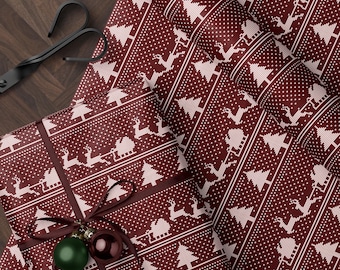 Christmas Sweater Wrapping Paper Santa Sleigh and Reindeer Gift Wrap Ugly Christmas Sweater Design Cozy Christmas Decor Holiday Gift Wrap