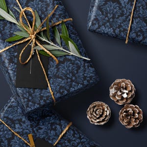 Blue Flower Gift Wrap Dark Blue Floral Damask Design Flower Wrapping Paper Botanical Gift Wrap for Her Wrapping Paper Wedding Gift Idea