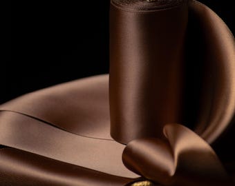 Brown Satin Ribbon 4 Inch Wide for Birthday Gift Wrapping Premium Ribbon for Large Bow Rustic Wedding Decor Holiday Packaging Luxury Finish