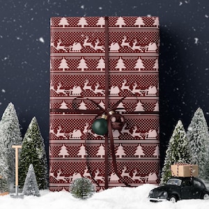 Christmas Sweater Wrapping Paper Santa Sleigh and Reindeer Gift Wrap Ugly Christmas Sweater Design Cozy Christmas Decor Holiday Gift Wrap