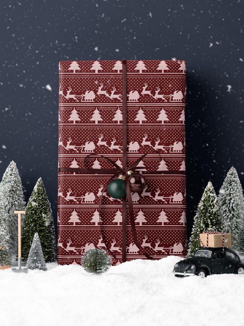 Christmas Sweater Wrapping Paper Santa Sleigh and Reindeer Gift Wrap Ugly Christmas Sweater Design Cozy Christmas Decor Holiday Gift Wrap
