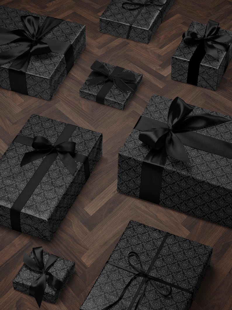 Gothic Gift Wrap Black Wrapping Paper Damask Decor Dark Moody Wrapping Paper Xmas Gift Wrap Paper Elegant Halloween Gift Christmas Party