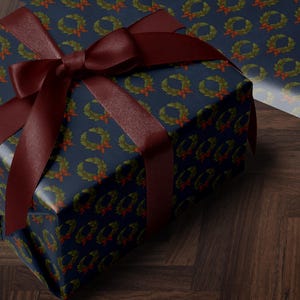 Christmas Wreath Wrapping Paper Christmas Present Moody Christmas Print Blue Holiday Gift Wrap Festive Decor Premium Paper Elegant Gift Wrap