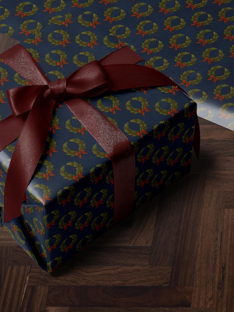 Christmas Wreath Wrapping Paper Christmas Present Moody Christmas Print Blue Holiday Gift Wrap Festive Decor Premium Paper Elegant Gift Wrap
