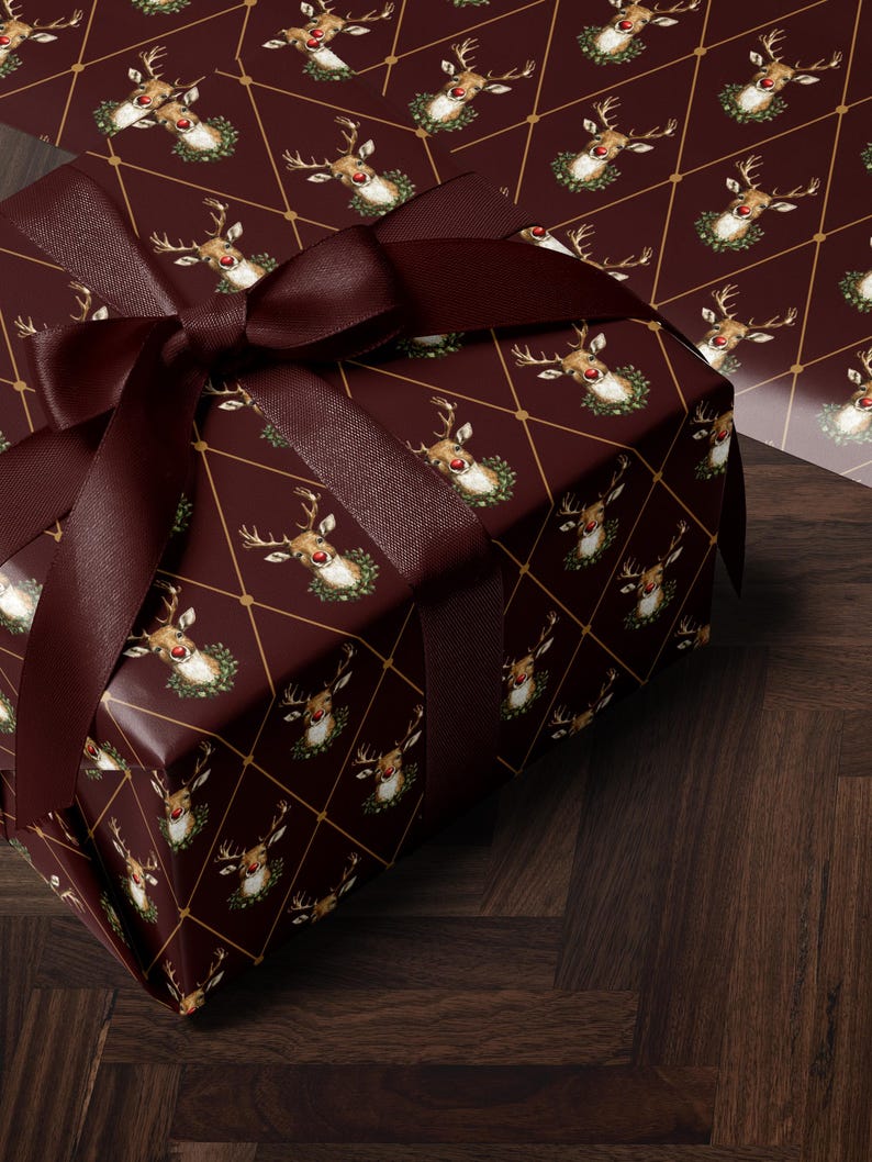 Holiday Reindeer Gift Wrap Christmas Present Gift Wrap Festive Decor Christmas Wrapping Paper Roll Deer Design Holiday Decor Christmas Paper