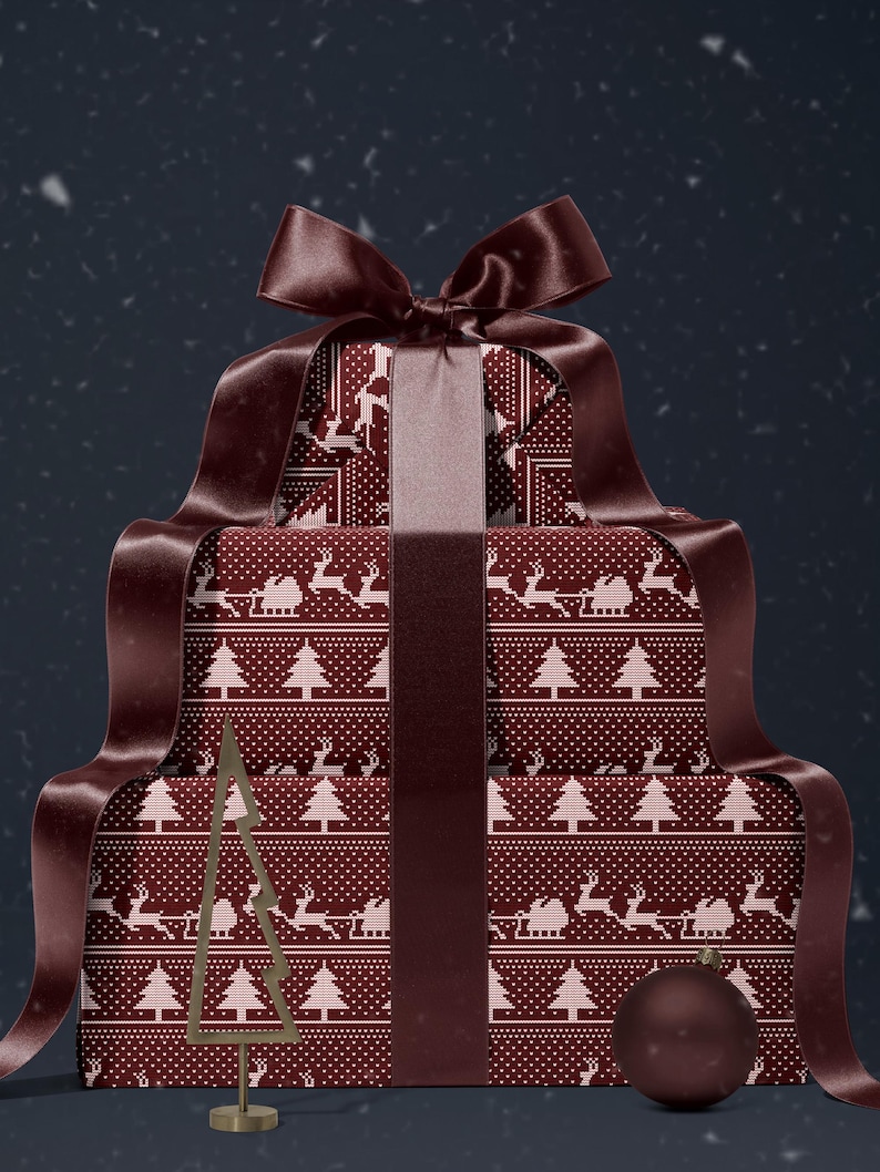 Christmas Sweater Wrapping Paper Santa Sleigh and Reindeer Gift Wrap Ugly Christmas Sweater Design Cozy Christmas Decor Holiday Gift Wrap
