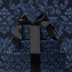 Blue Flower Gift Wrap Dark Blue Floral Damask Design Flower Wrapping Paper Botanical Gift Wrap for Her Wrapping Paper Wedding Gift Idea
