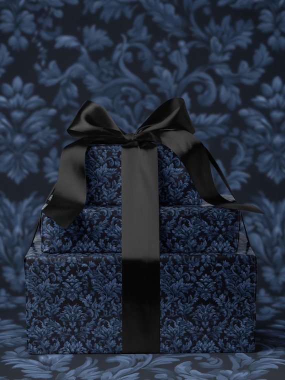 Blue Flower Gift Wrap Dark Blue Floral Damask Design Flower Wrapping Paper Botanical Gift Wrap for Her Wrapping Paper Wedding Gift Idea