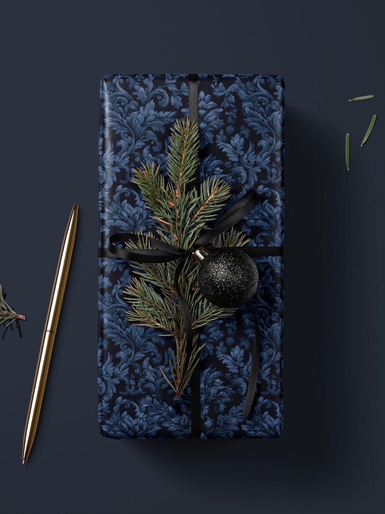 Sapphire Blue Wrapping Paper Blue Floral Gift Wrap Moody Flower Design Gift Wrap for Wedding Wrapping Paper Bridal Shower Gift for Bride