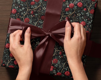 Rose Wrapping Paper Dark Floral Gift Wrap Gothic Party Decor Moody Floral Wrapping Paper Birthday Present Gift Idea Elegant Gifting Paper