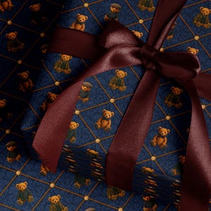Children Gift Wrap Teddy Bear Wrapping Paper First Birthday Party Gift Wrap Blue Wrapping Paper for Him Vintage Wrapping Paper Adorable Bear