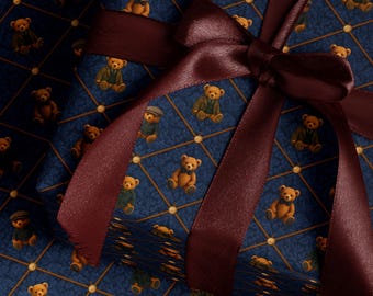 Children Gift Wrap Teddy Bear Wrapping Paper First Birthday Party Gift Wrap Blue Wrapping Paper for Him Vintage Wrapping Paper Adorable Bear
