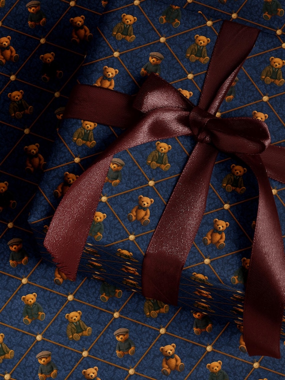 Children Gift Wrap Teddy Bear Wrapping Paper First Birthday Party Gift Wrap Blue Wrapping Paper for Him Vintage Wrapping Paper Adorable Bear
