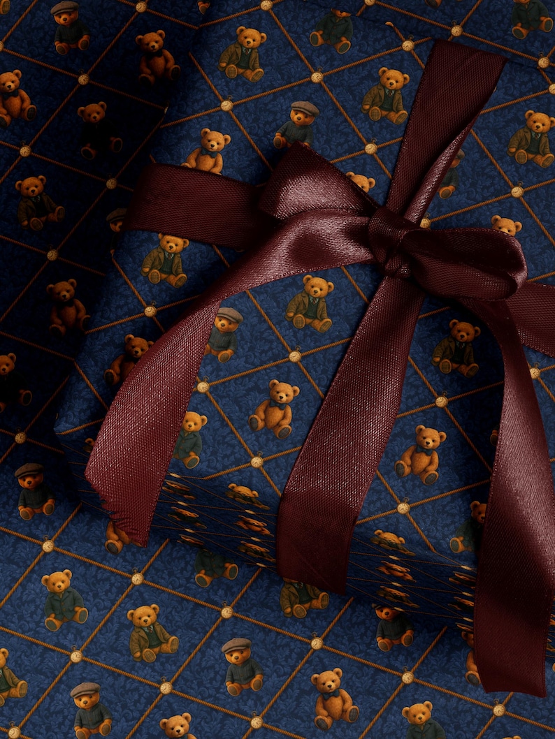 Children Gift Wrap Teddy Bear Wrapping Paper First Birthday Party Gift Wrap Blue Wrapping Paper for Him Vintage Wrapping Paper Adorable Bear