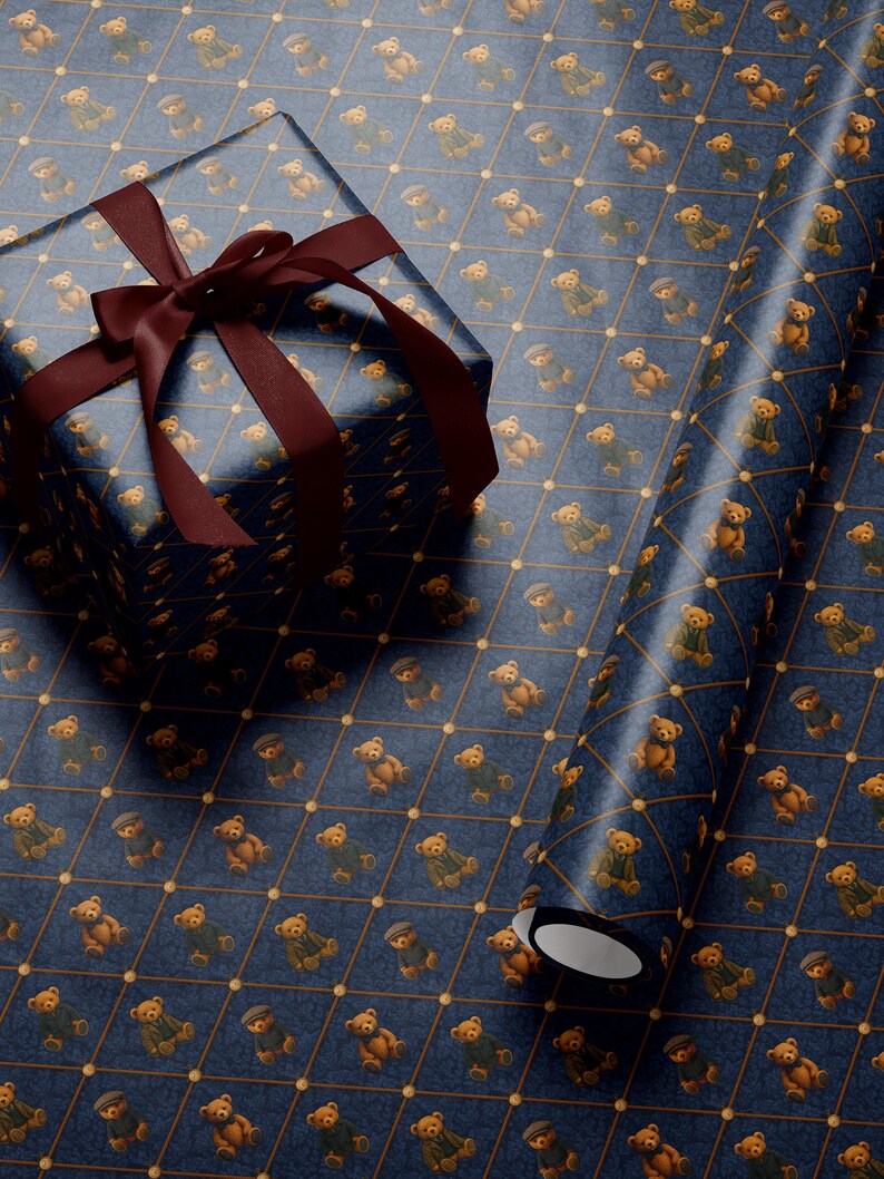 Children Gift Wrap Teddy Bear Wrapping Paper First Birthday Party Gift Wrap Blue Wrapping Paper for Him Vintage Wrapping Paper Adorable Bear